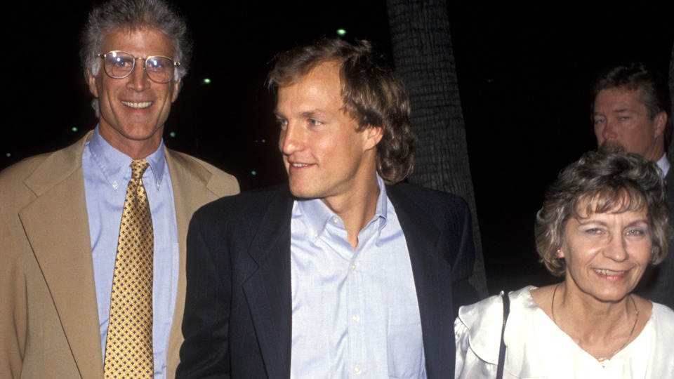 Actor Ted Danson, Woody Harrelson, and mother Diane Lou Oswald attending a major Hollywood premiere.